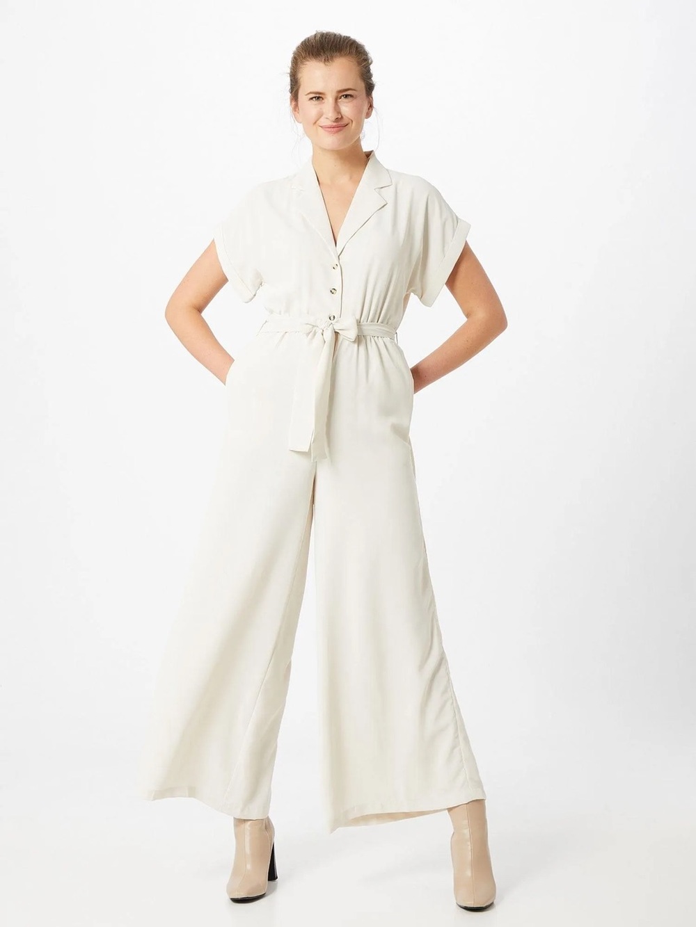 Mink Pink Women's Cream Wide-Leg Jumpsuit with Tie Waist